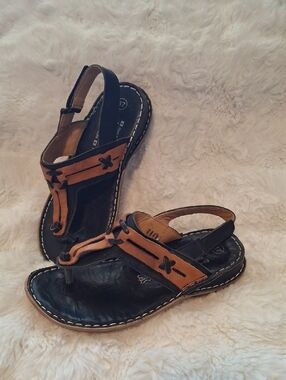 Volks Walkers Black Brown Leather Comfort Thong Sandals EU 37 US 6.5-7